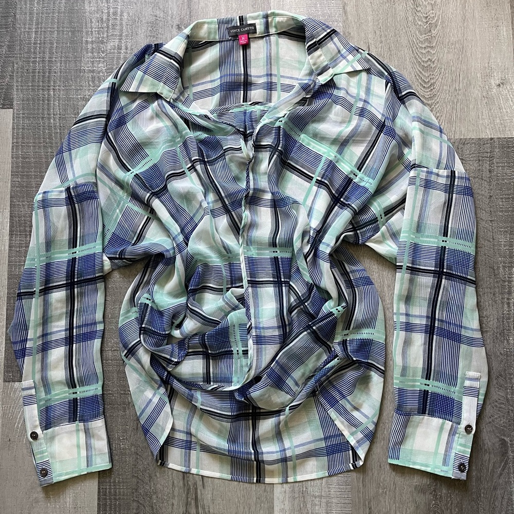 Vince Camuto Semi-Sheer Faux Wrap Plaid Sleeve Blouse Size M